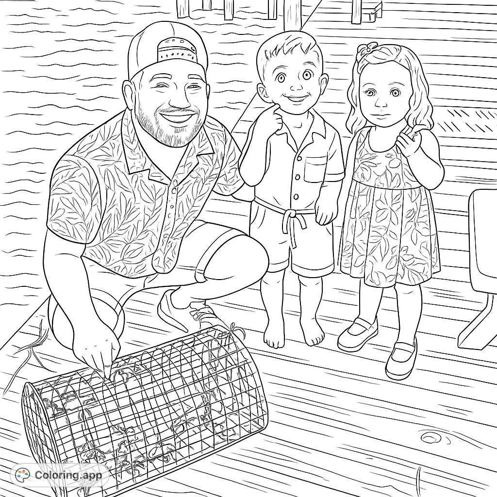 Capture the excitement of a family crab catch on a dock. This fun coloring page features a man and two children with their crab trap, ready for adventure.