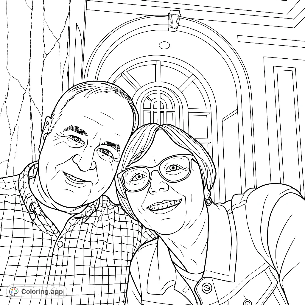 Capture a heartwarming moment with this smiling couple portrait. Features intricate architectural details and a cozy indoor setting, perfect for a relaxing coloring experience.