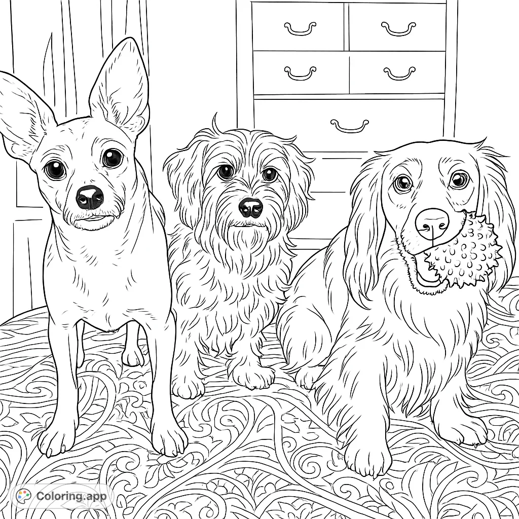 Meet an adorable trio of dogs, each with unique features, sitting together on a patterned surface. A delightful scene for pet lovers to color and enjoy.