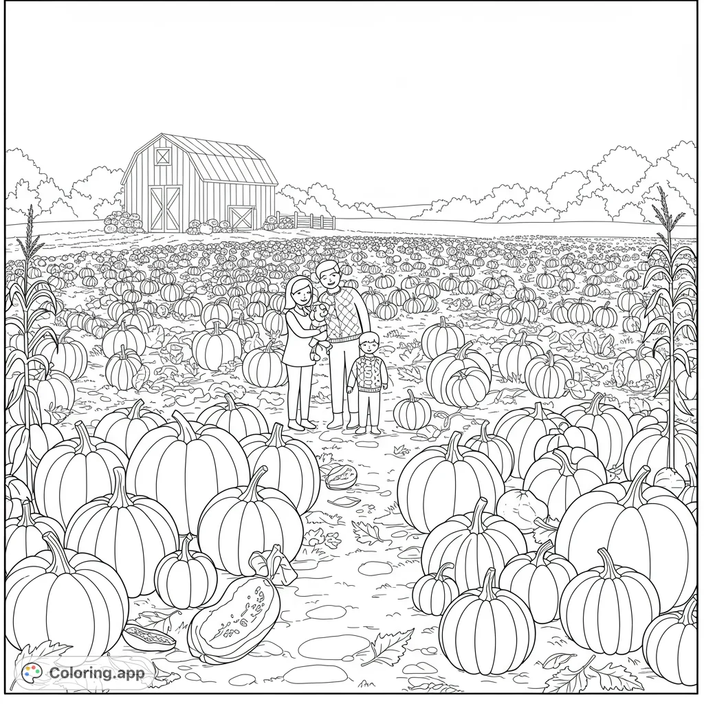 A heartwarming Halloween pumpkin patch scene with a family, various pumpkins, and autumn details. Perfect for fall fun and creative coloring.