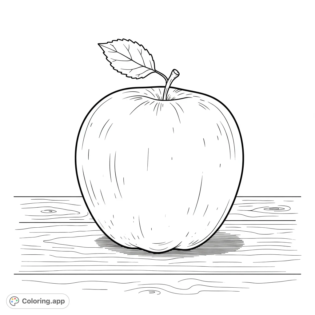 A detailed apple resting on a textured wooden surface, perfect for a relaxing coloring experience. Explore intricate wood grain and fruit contours.