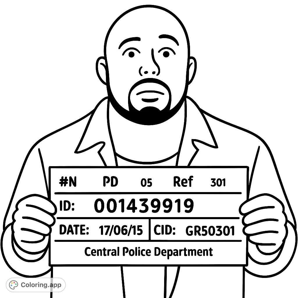 A cartoony mugshot of a man holding a booking sign against a police lineup background. Simple, bold lines for easy coloring.