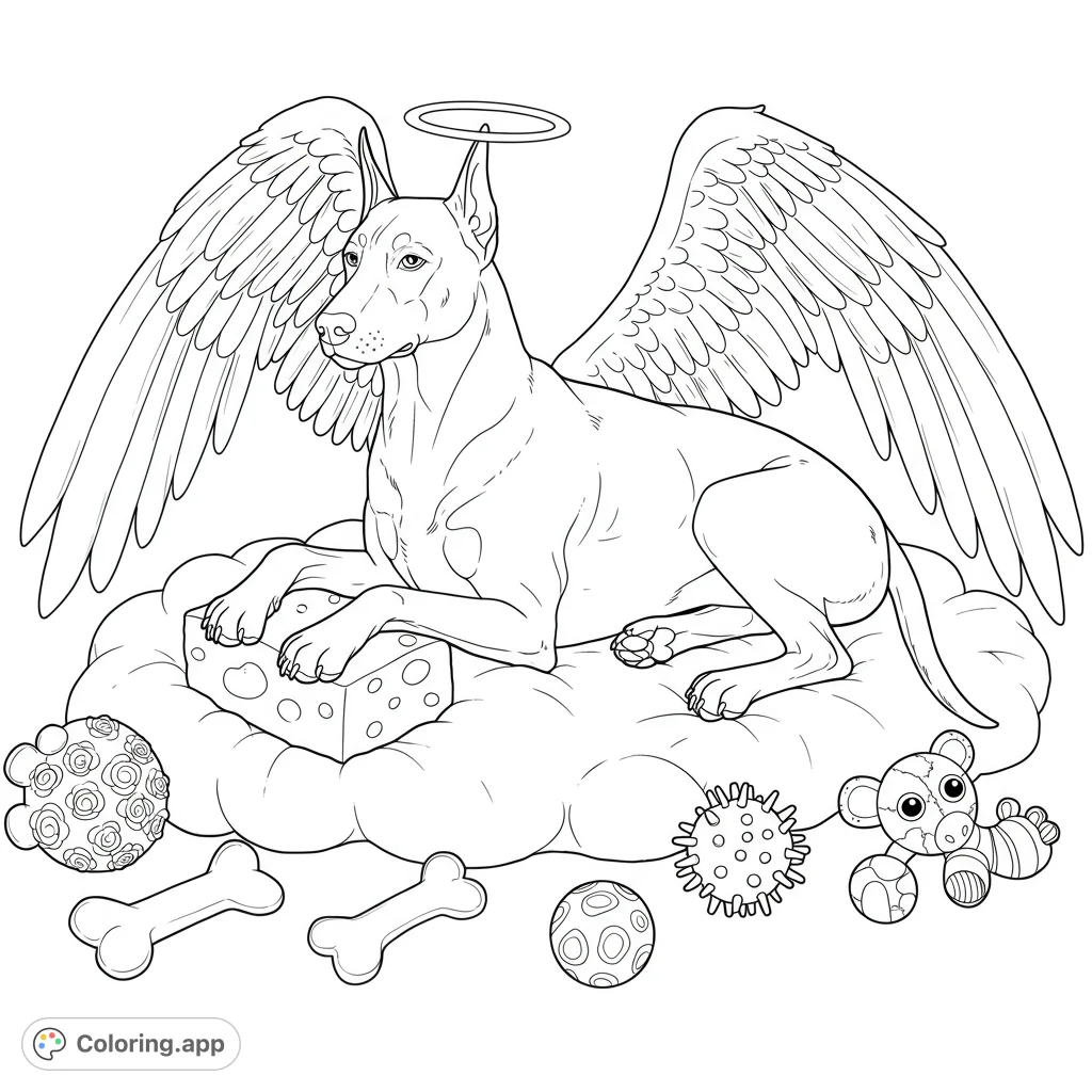 A serene Doberman angel with feathered wings and a halo rests on a cloud, surrounded by playful squeaky toys and a block of cheese. A whimsical pet-themed coloring page.