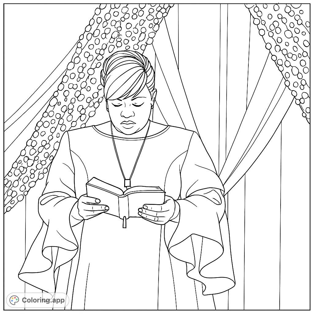 Capture a moment of quiet focus with this elegant person reading from a book, set against a shimmering, draped backdrop. Perfect for thoughtful coloring.