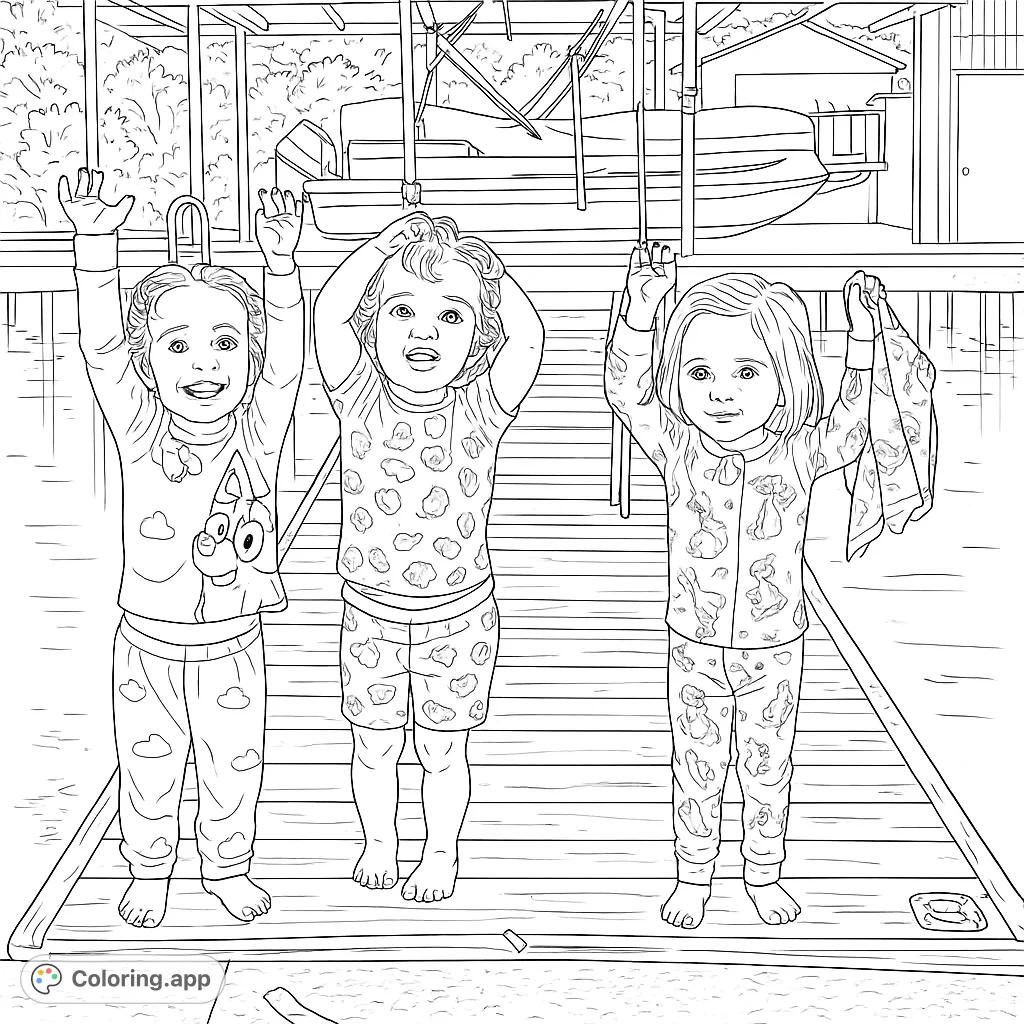 Three joyful toddlers in pajamas on a dock, ready for a fun coloring adventure. Perfect for kids and families.