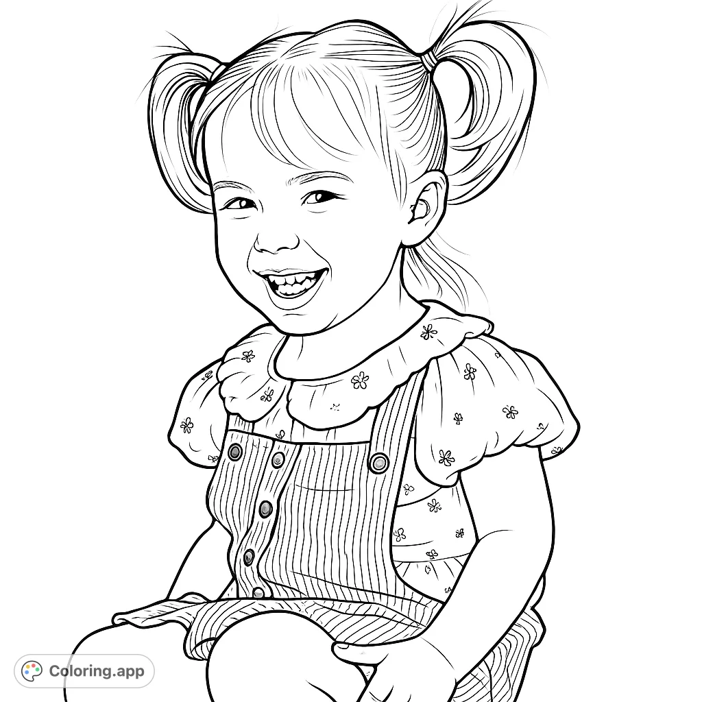 An adorable child with pigtails and a joyful smile, wearing charming overalls and a patterned shirt. Perfect for young colorists!