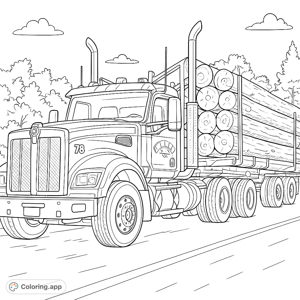 Detailed logging truck carrying a full load of timber, ready for a coloring adventure. Perfect for truck enthusiasts.