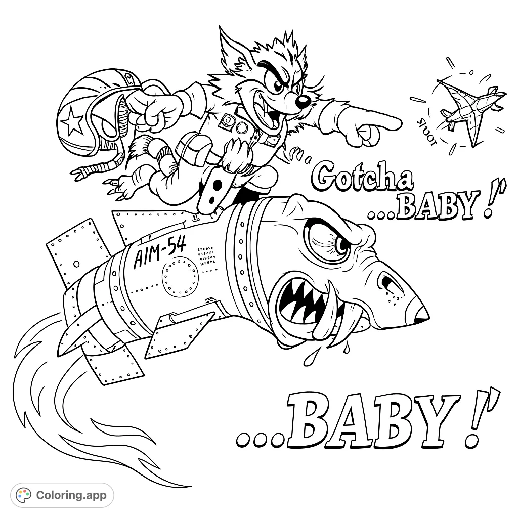 A dynamic coloring page featuring a cartoon pilot cat riding a fierce missile, targeting a distant aircraft. Fun for aviation enthusiasts!
