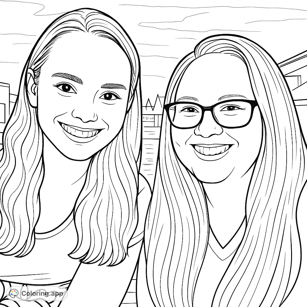 Two smiling individuals captured in a close-up portrait, perfect for personalizing with your favorite shades. A heartwarming friendship coloring page.