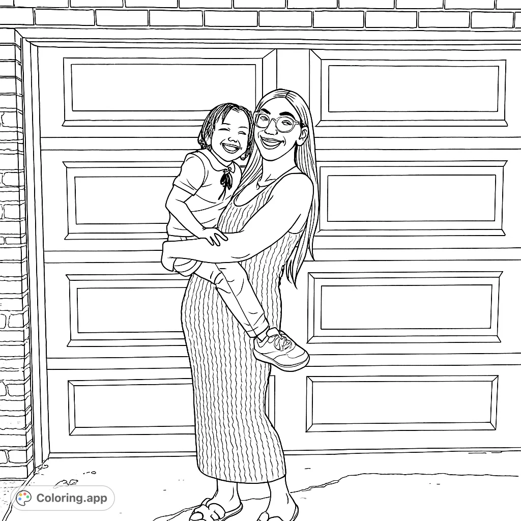 A heartwarming coloring page featuring a smiling woman holding a happy child, set against a textured garage door and brick wall. Perfect for family fun.