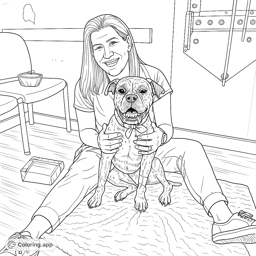 A heartwarming scene of a woman embracing her beloved dog, featuring intricate details of their expressions and surroundings. Perfect for pet lovers.