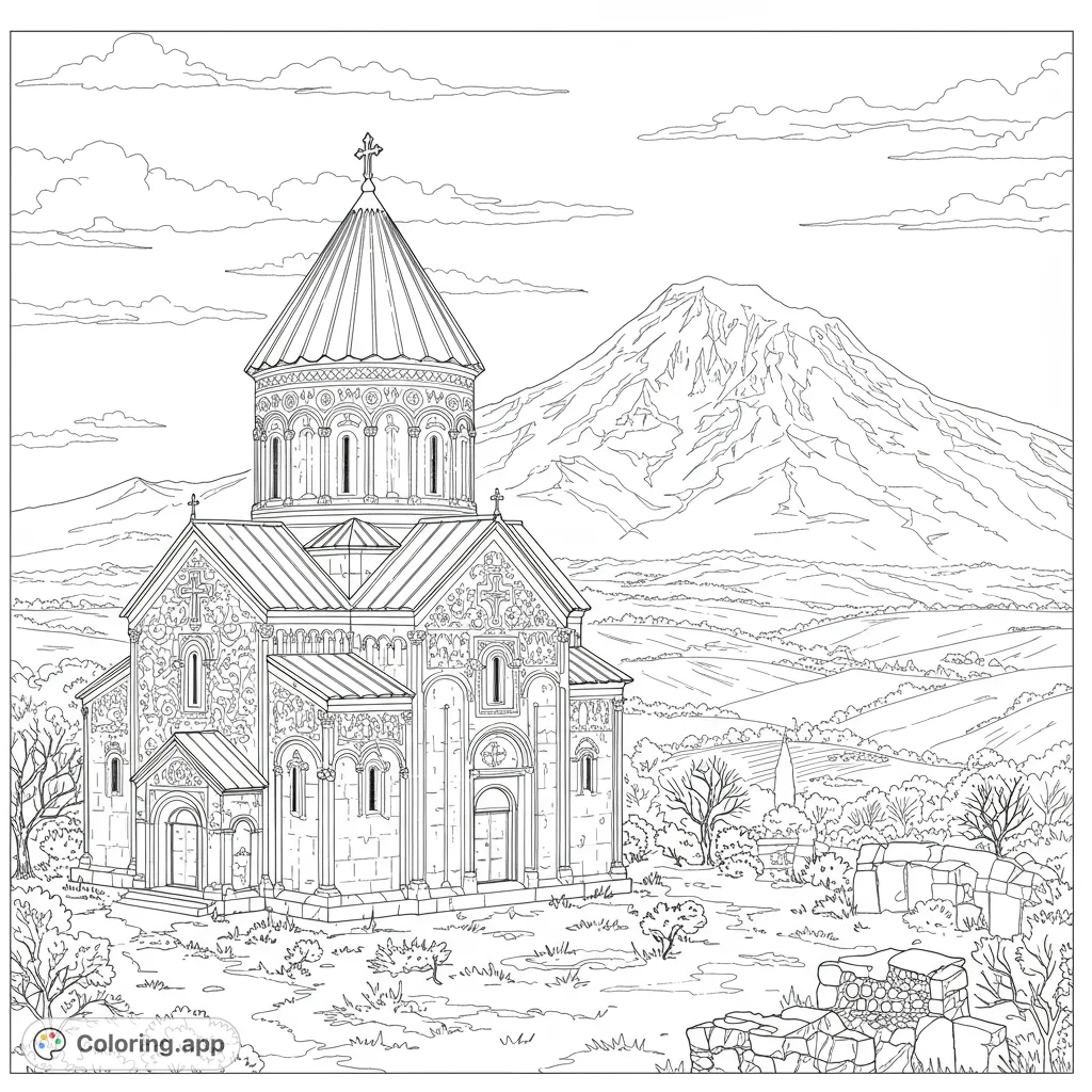 Explore a detailed Armenia coloring page featuring an ancient Armenian church in the foreground and the majestic, snow-capped Ararat mountains.