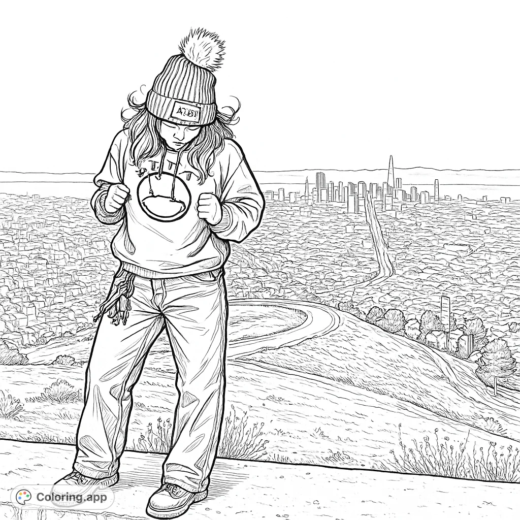 A person stands on a hilltop, gazing at a sprawling cityscape. This urban vista coloring page offers a detailed scene for creative expression.