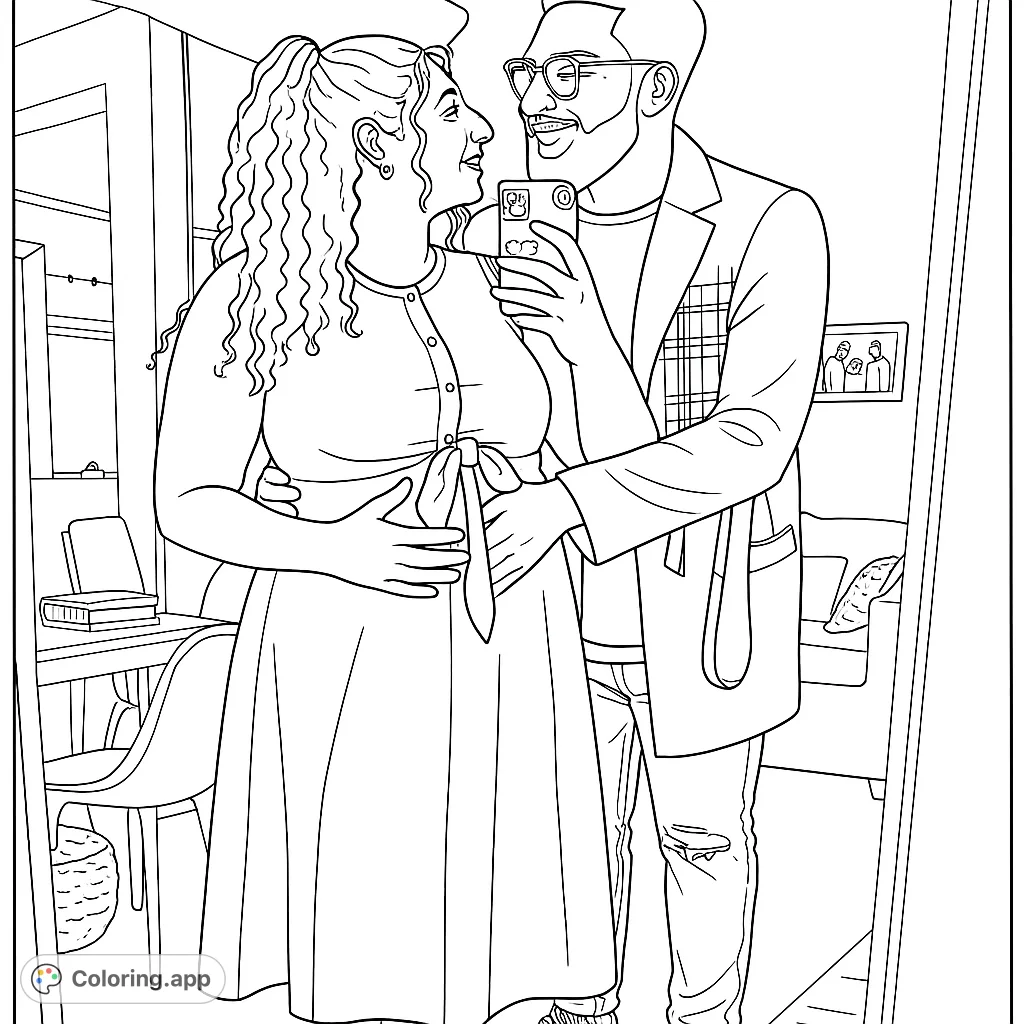 Capture a tender moment of a couple in a loving embrace, perfect for celebrating connection and new beginnings. A heartwarming scene to color.