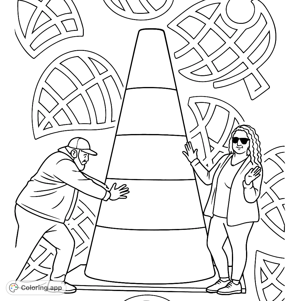 Explore a playful scene featuring two individuals interacting with a massive traffic cone, set against a whimsical background of stylized leaf shapes. A fun, unique coloring challenge.