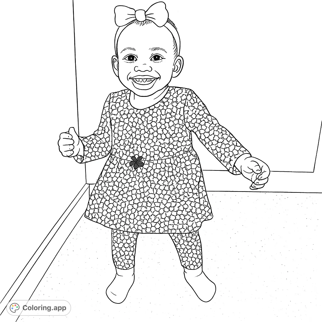 A delightful coloring page featuring a smiling child with a cute bow headband and patterned outfit, perfect for young artists to bring to life.