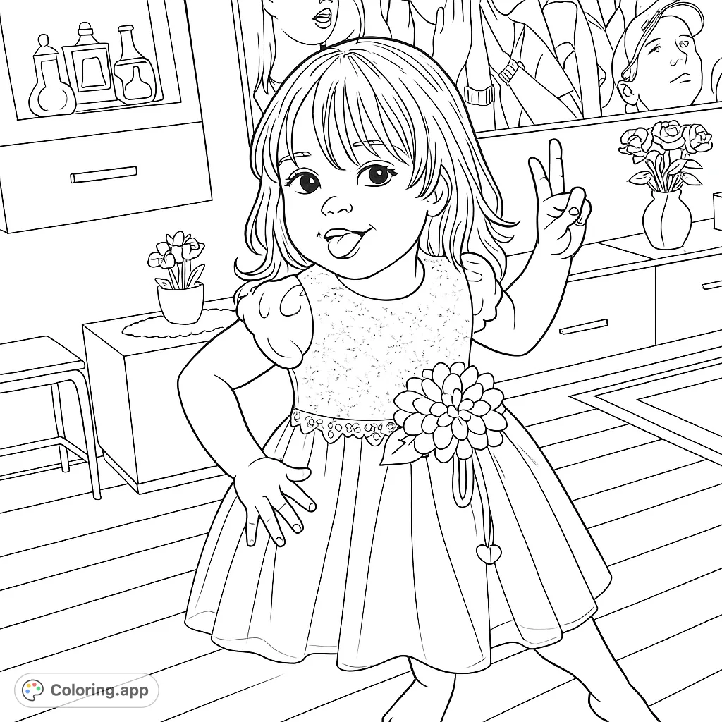 A delightful coloring page featuring a playful child in an elaborate dress, perfect for sparking creativity and joy in young artists.