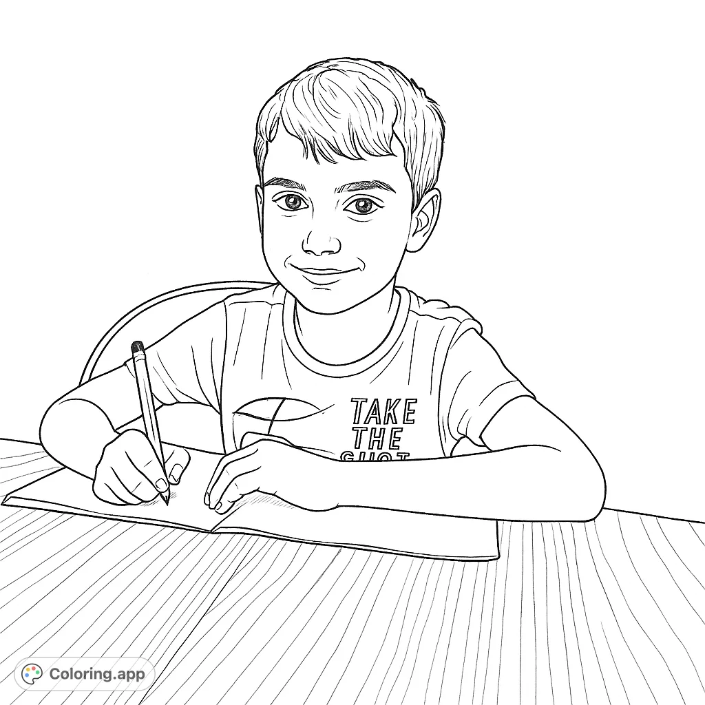 A charming coloring page featuring a young boy focused on his studies at a wooden table, perfect for encouraging learning and creativity.