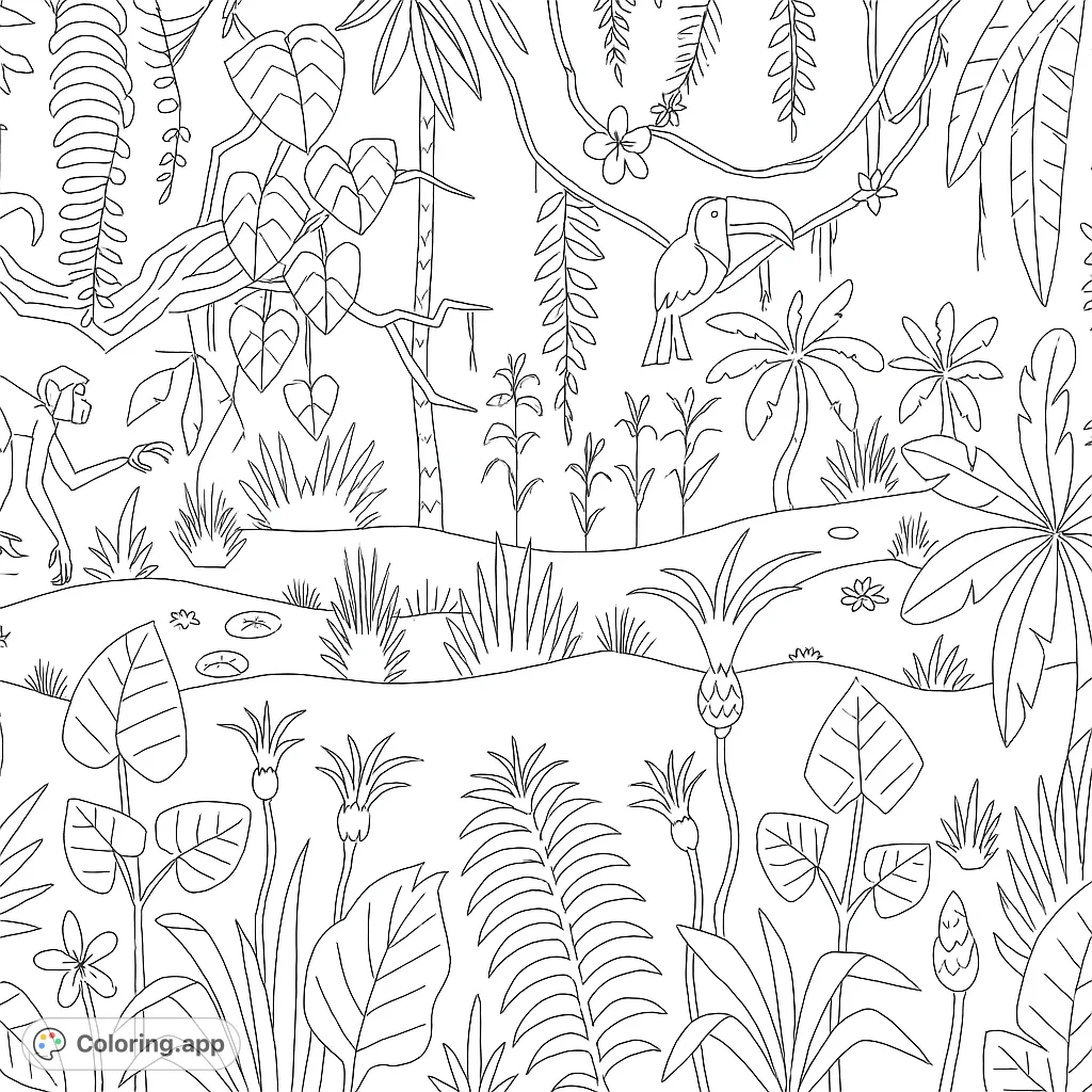 Explore a vibrant jungle scene with a playful monkey, a majestic toucan, and an elegant parrot amidst lush foliage and exotic flowers. A wild adventure awaits!