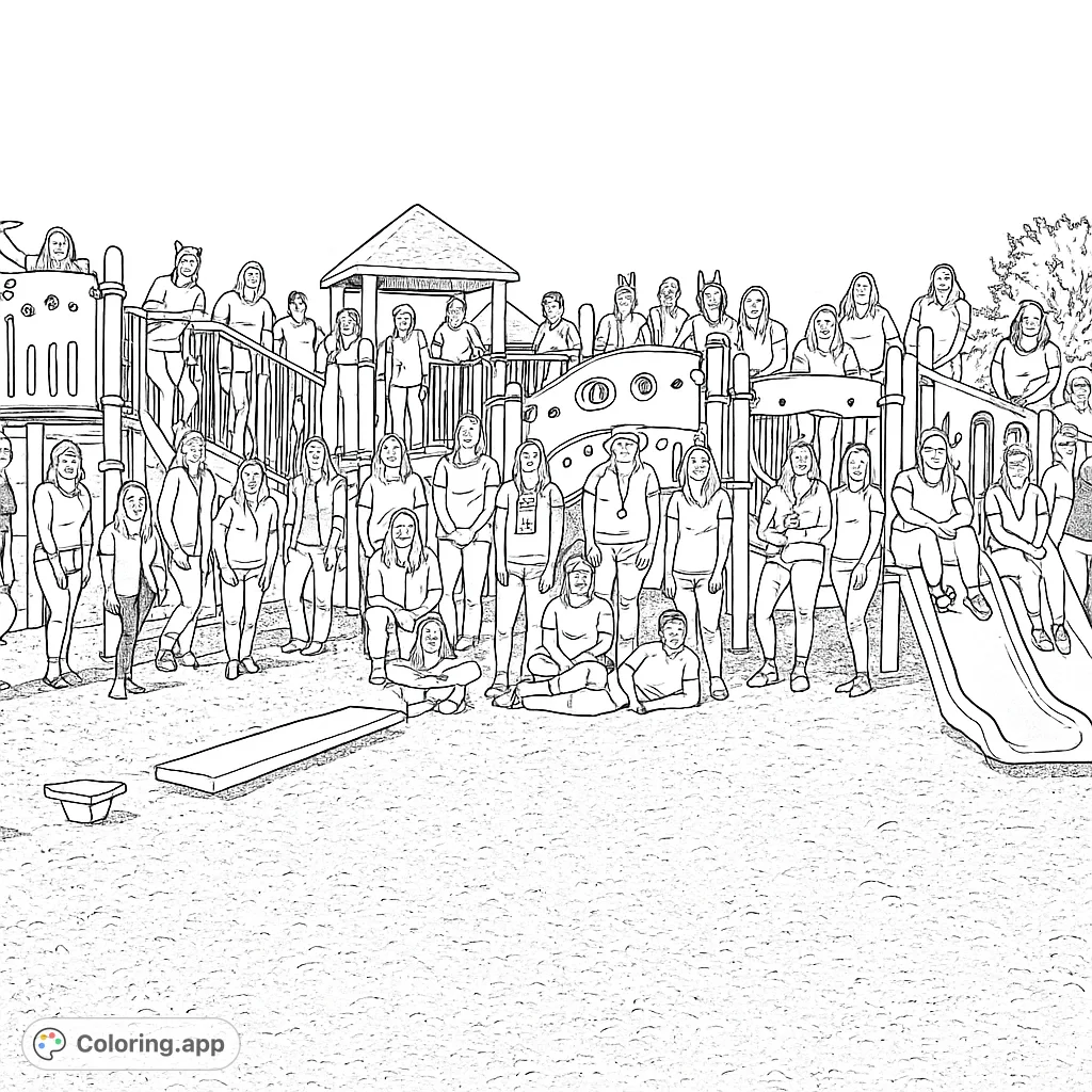 A lively group of people gathered on a playground structure, featuring diverse individuals in playful hats and accessories, ready for creative coloring.