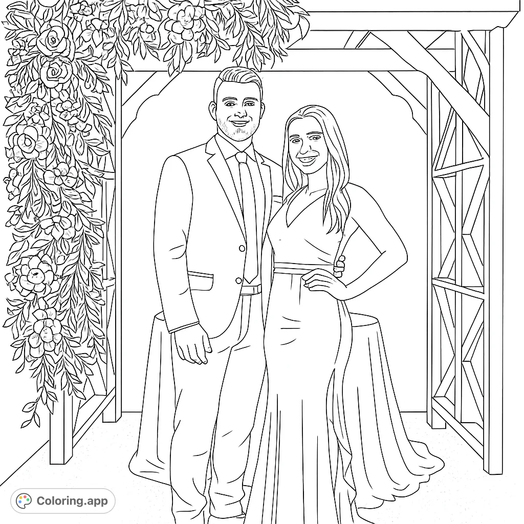 Celebrate love with this beautiful couple standing under a floral archway. A romantic scene perfect for a wedding or anniversary coloring page.