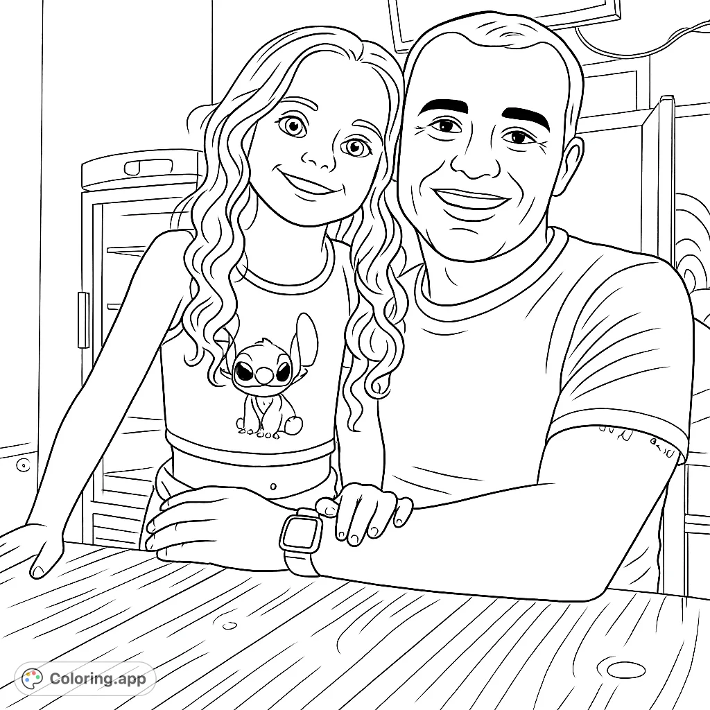 A heartwarming coloring page featuring a smiling man and young girl seated at a wooden table, perfect for family bonding and creative expression.