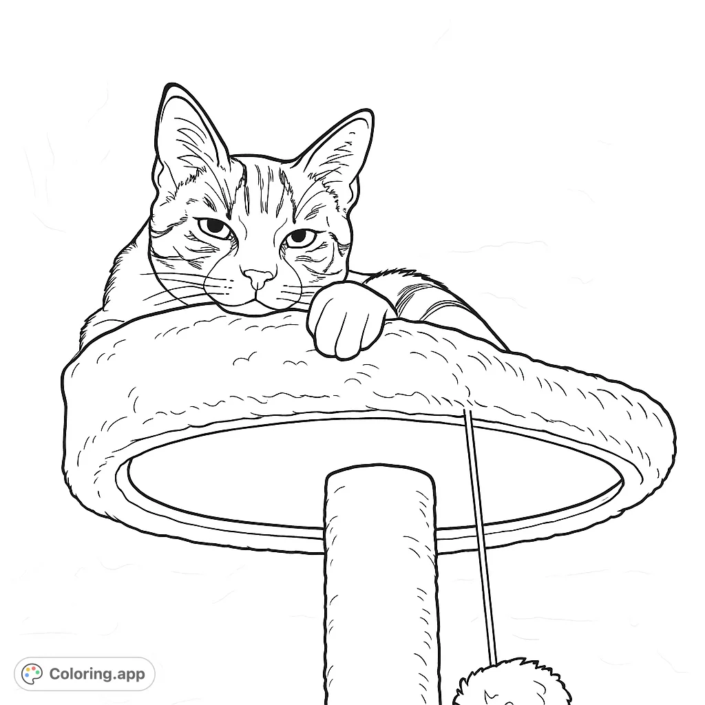 A charming cat rests peacefully on its cat tree, perfect for a relaxing coloring session. Capture its serene expression and the cozy textures of its perch.