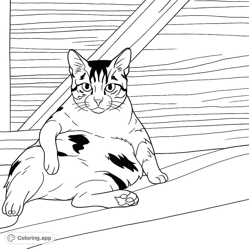 A charming cat in a relaxed, upright pose, leaning against a wooden background. Perfect for animal lovers to color and enjoy.