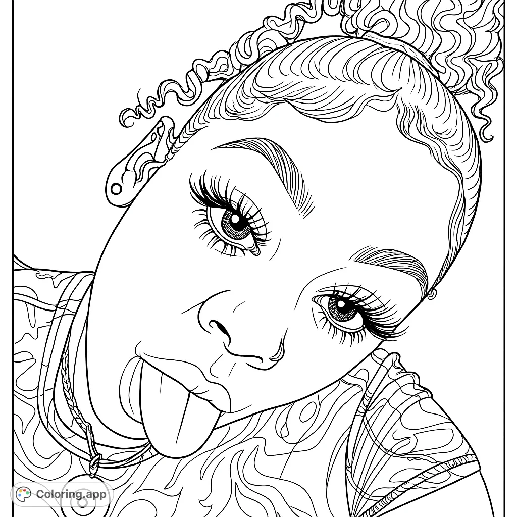 A fun and expressive portrait of a person sticking out their tongue, featuring detailed curly hair, long eyelashes, and unique accessories. Perfect for creative coloring.