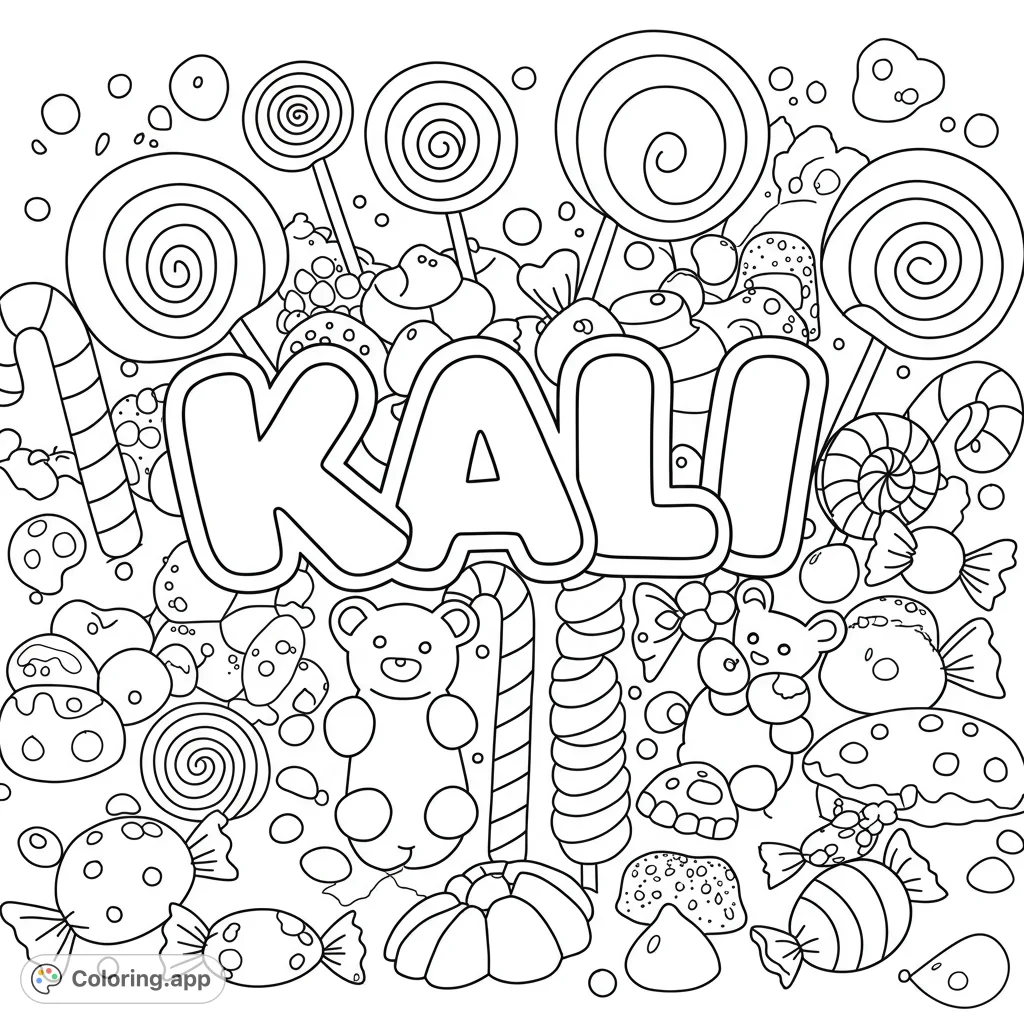 A delightful candy-themed coloring page featuring the name "Kali" in bubble letters, surrounded by oversized lollipops, gummy bears, and swirling candy canes.
