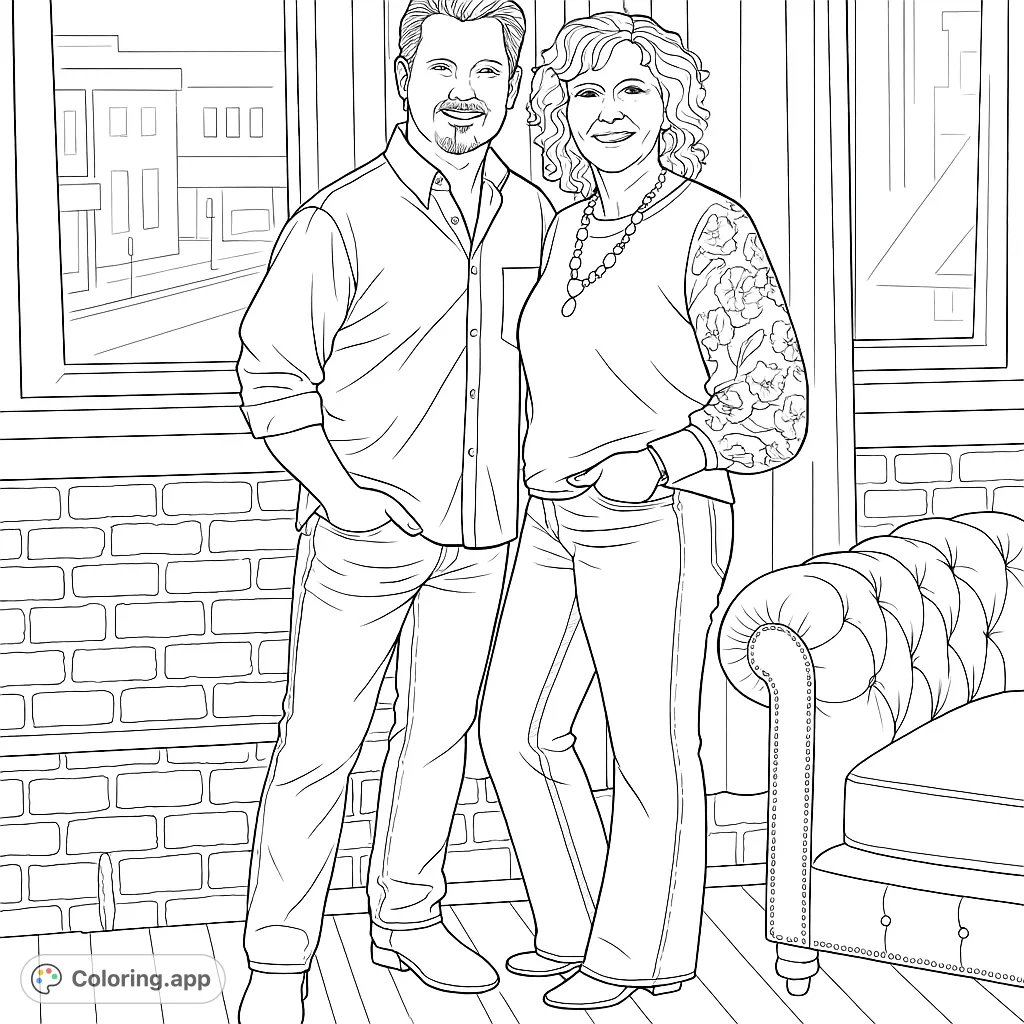 A charming portrait of a couple standing in a stylish urban loft, featuring detailed clothing, a brick wall, and a tufted sofa. Perfect for personalizing.