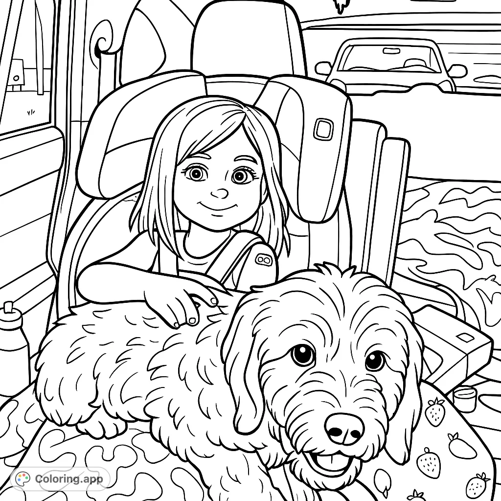 Capture a heartwarming moment: a child and their fluffy puppy on a car adventure. This adorable scene is perfect for young animal lovers to color and enjoy.