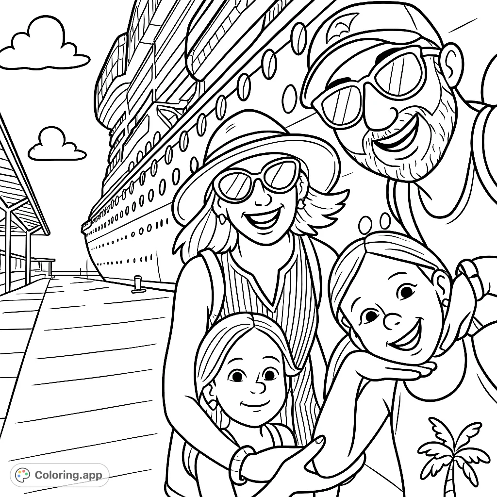 Capture a joyful family moment on a grand cruise ship adventure! This free printable coloring page features a happy family ready for their voyage.