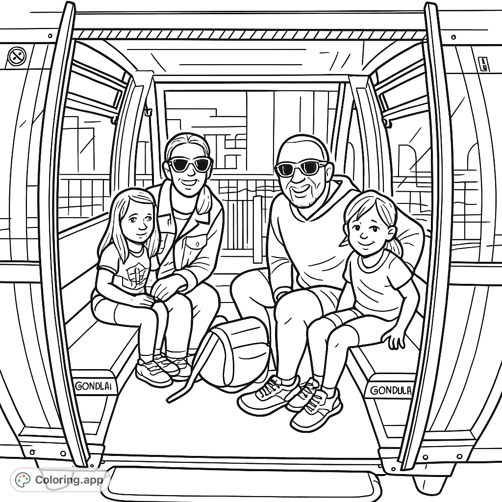 Embark on a fun family gondola ride! This cartoony coloring page features a happy family inside a modern cabin, ready for an aerial adventure.