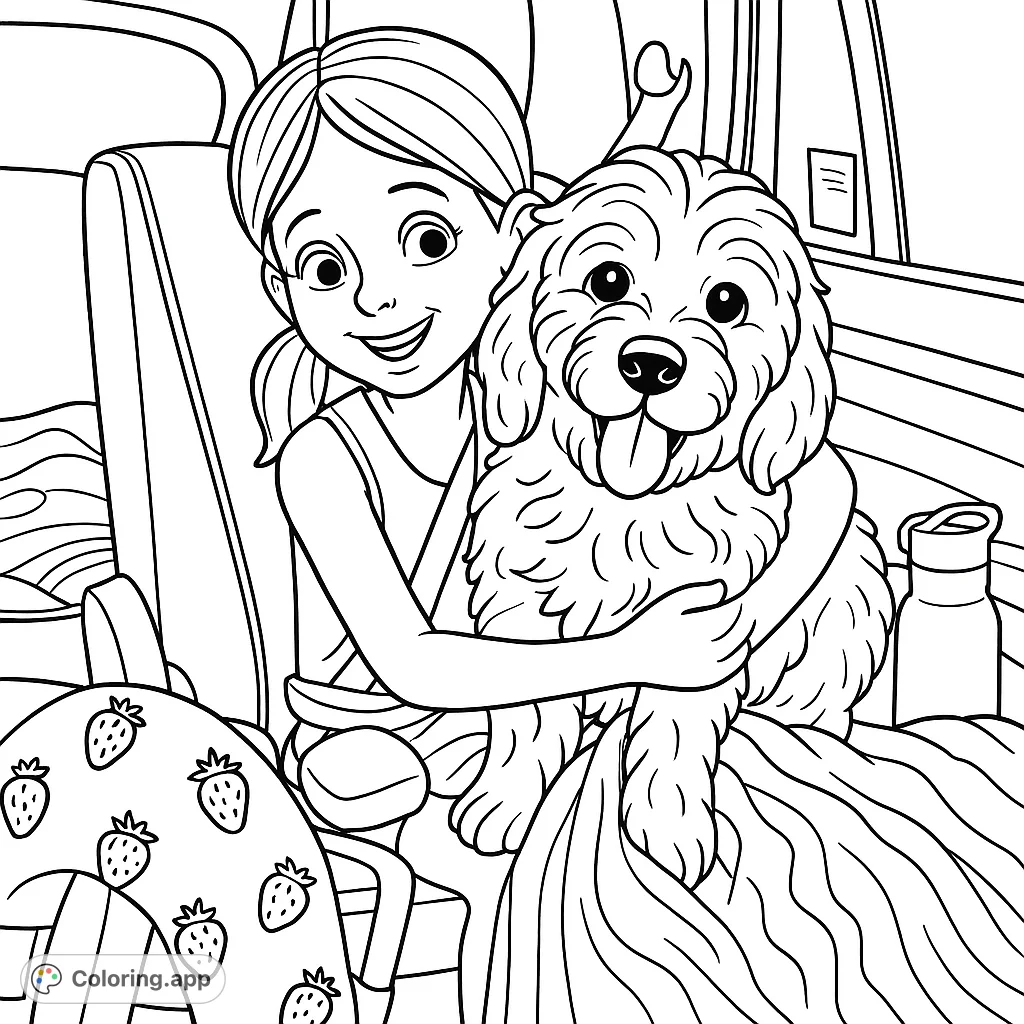 A heartwarming cartoony coloring page featuring a smiling child cuddling a fluffy puppy in a car. Perfect for animal lovers and young artists.