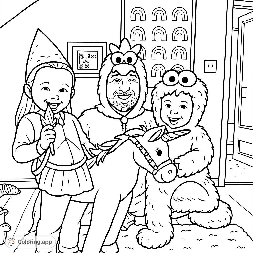 Join a whimsical costume party with a unicorn rider, a friendly bird, and a cute monster. A delightful scene for creative coloring fun!