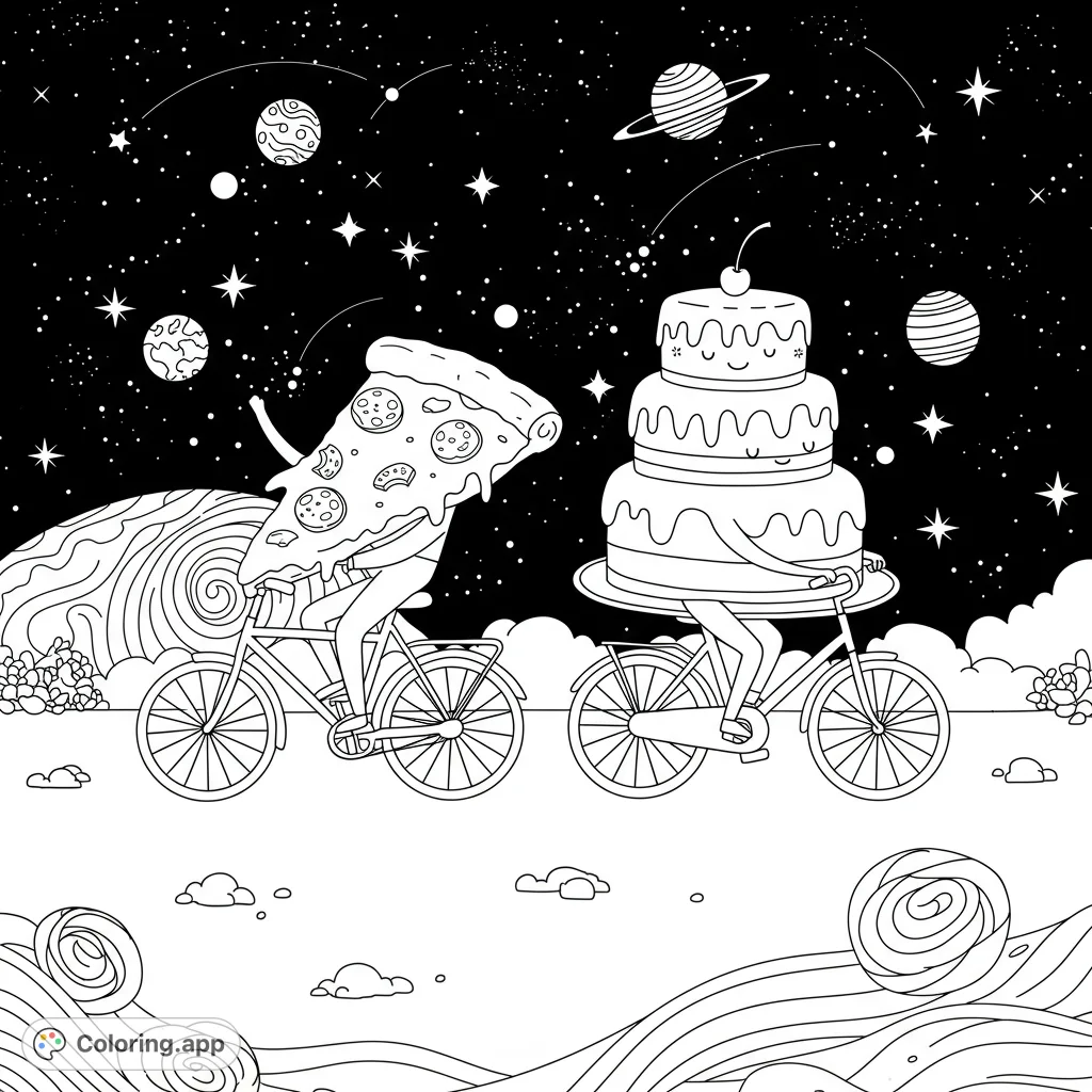 Join a pizza slice and a tiered cake on an epic bicycle journey through the cosmos! A fun, whimsical space adventure coloring page.