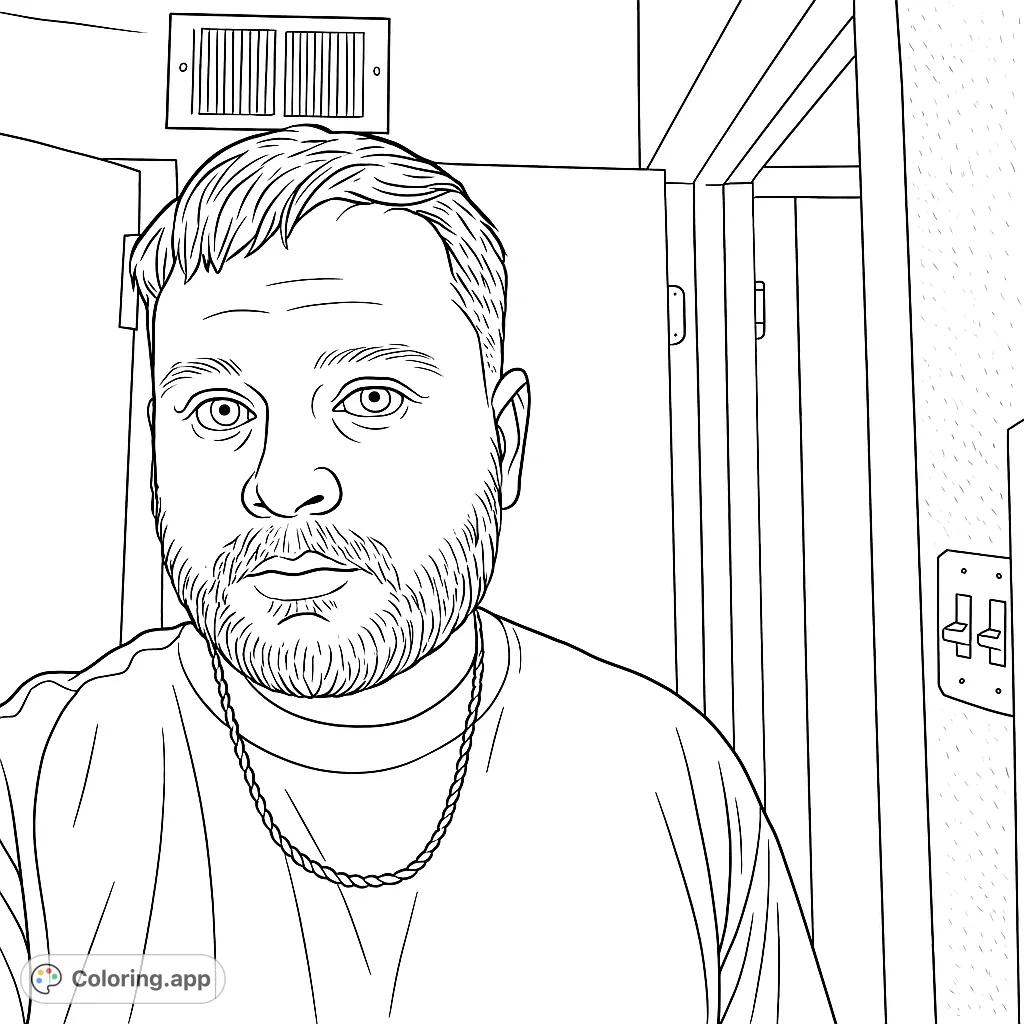 Color a detailed portrait of a man featuring a textured beard, short hair, and a chain necklace, set against an indoor background with a door and light switches.