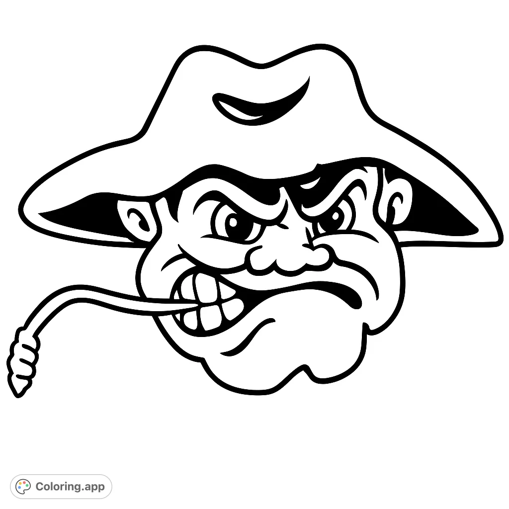 Color this bold scowling mascot head wearing a wide-brimmed hat, featuring clenched teeth and a unique object extending from its mouth. Perfect for fans of strong characters.