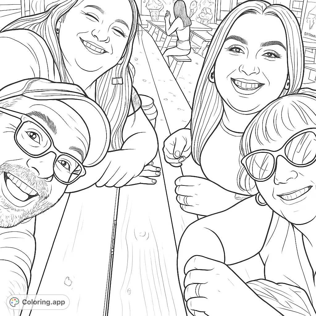 A cheerful group of four friends gathered around a rustic wooden table, sharing smiles and good times. Perfect for personalizing with your favorite hues.