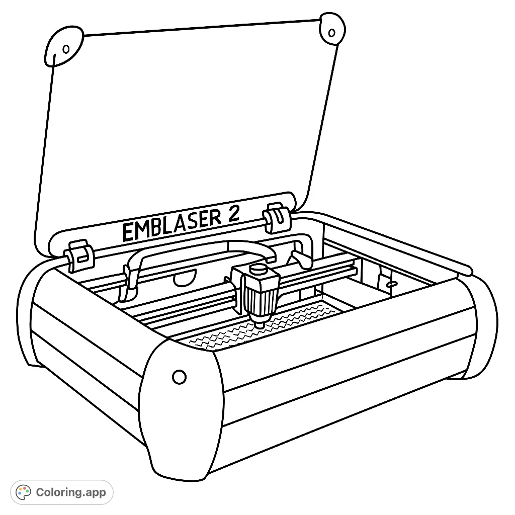 Color a sleek, modern laser engraver with its lid open, revealing internal mechanisms. Perfect for tech enthusiasts and aspiring engineers to explore design.