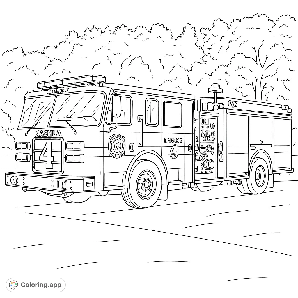 Color a powerful fire engine, detailed with equipment and a prominent number 4, ready for action. A thrilling vehicle coloring page for all ages!
