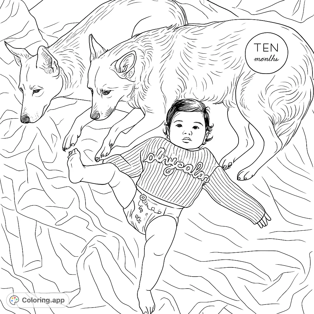 A heartwarming baby and dogs coloring page featuring a playful infant surrounded by two loyal canine friends on a soft sheet. Perfect for family fun!