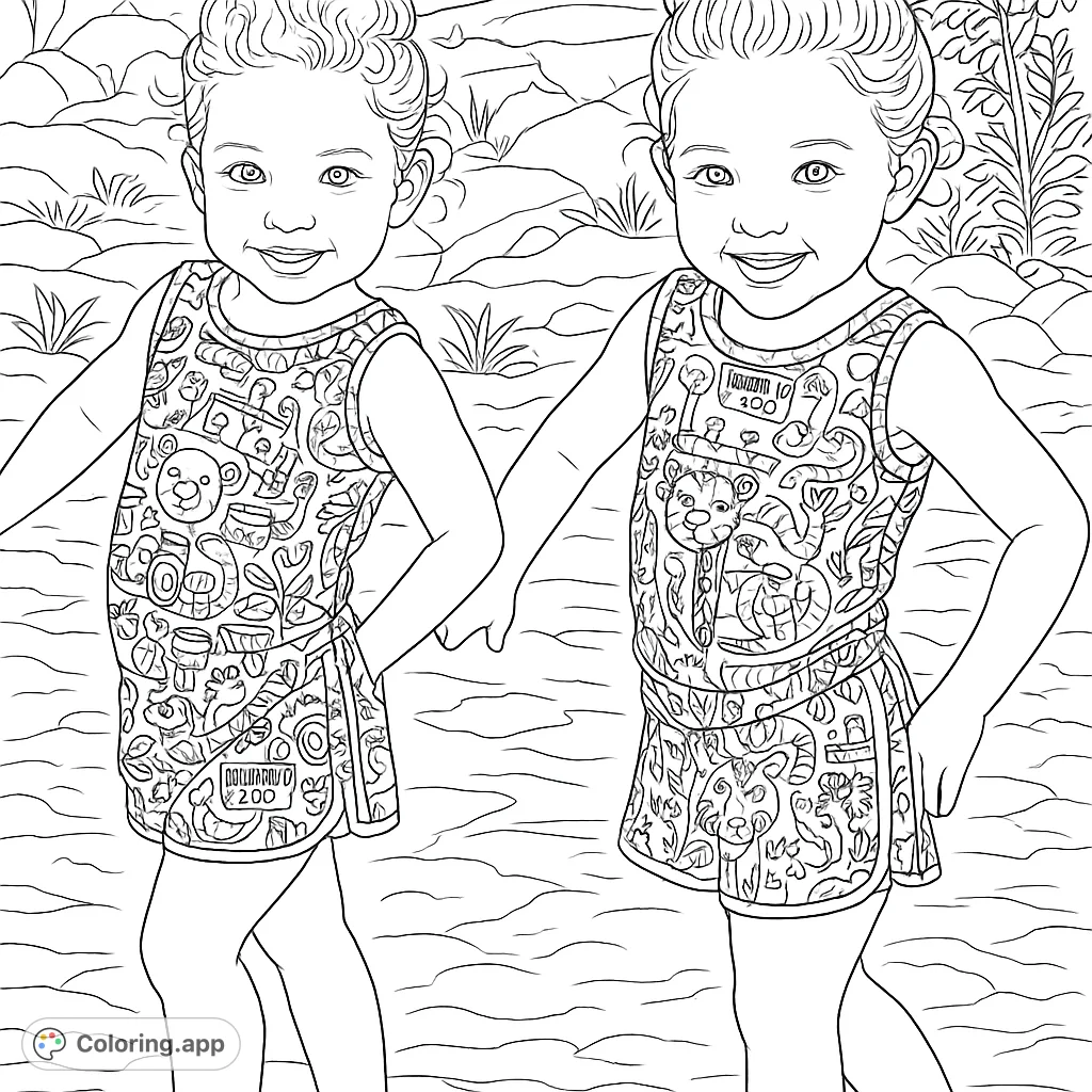 Two smiling children holding hands, wearing patterned outfits, with a natural background. Perfect for young colorists.