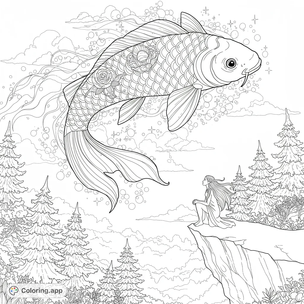 A mystical galaxy koi fish swims through a star-filled sky above a girl on a cliff, surrounded by fir trees. A detailed fantasy coloring page.