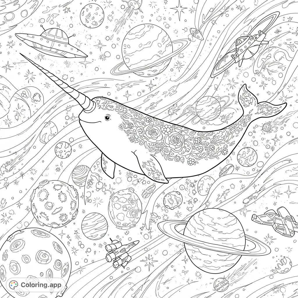 Dive into a cosmic adventure with a majestic narwhal swimming among planets and spaceships. A highly detailed galaxy narwhal coloring page awaits!