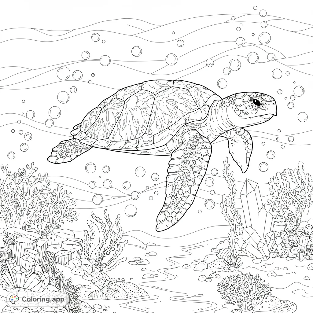 Dive into a surreal underwater turtle coloring page featuring a majestic turtle with a crystal shell, intricate coral, and swirling bubbles. A free printable for all ages.
