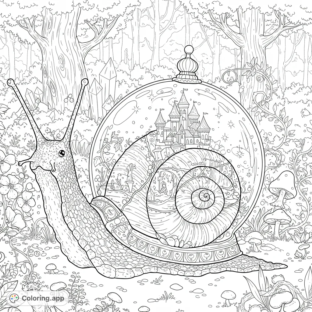 Discover a magical world with this fantasy snail whose shell is a snow globe containing a detailed castle, set in an enchanted forest with mystical creatures.