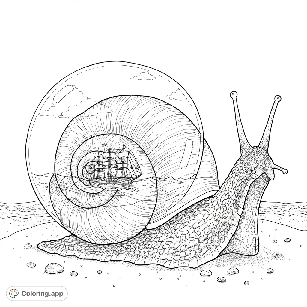 Embark on a magical journey with this highly detailed fantasy snail coloring page, featuring a ship in a snow globe shell on a mystical beach.