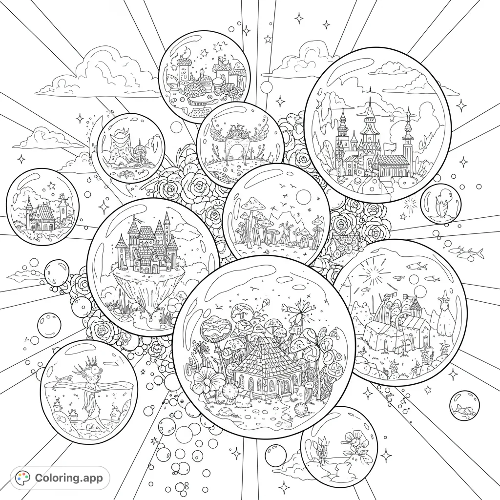 Explore intricate fantasy worlds encapsulated within magical bubbles, surrounded by celestial elements and mystical creatures in this detailed coloring page.